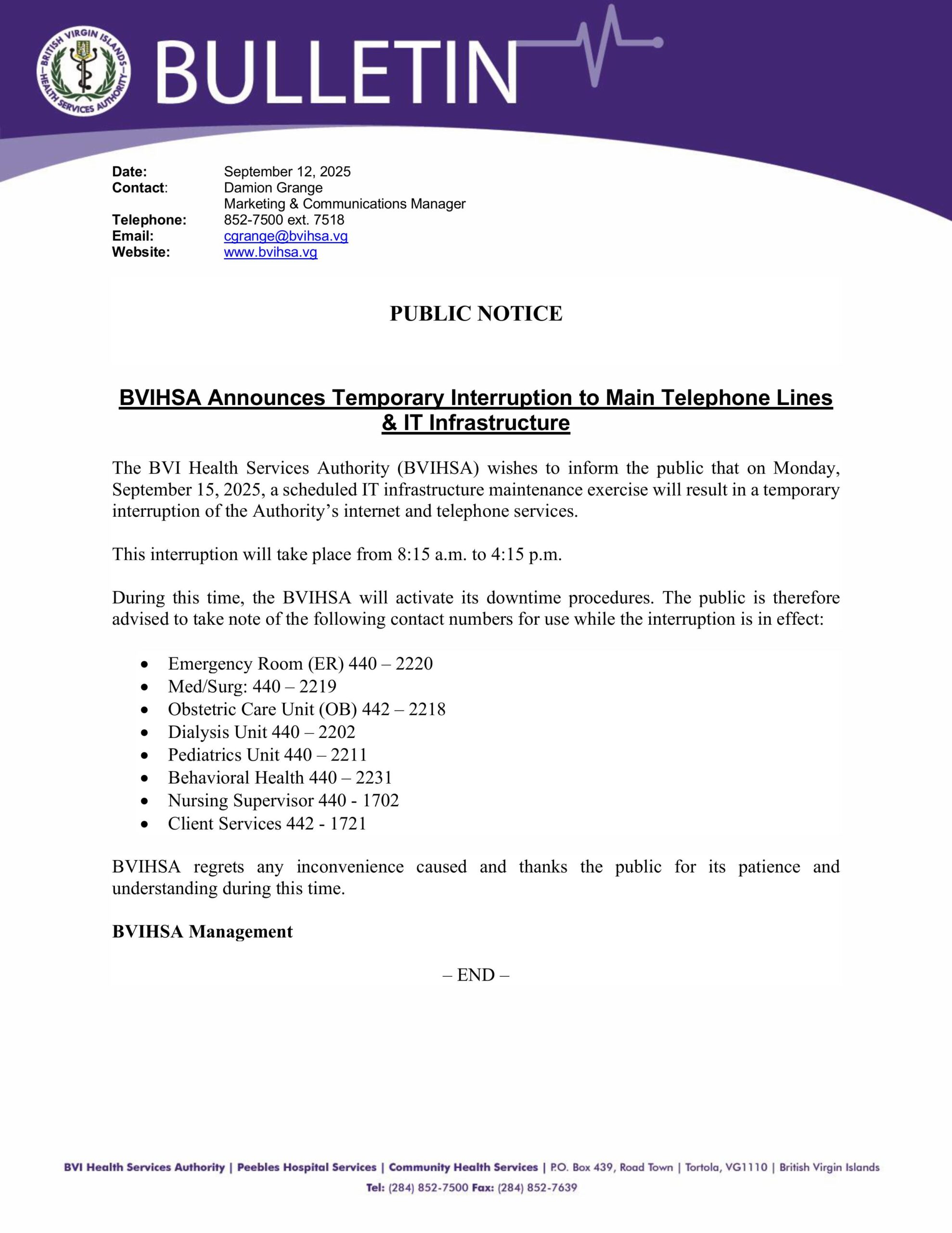 BVIHSA Announces Temporary Interruption to Main Telephone Lines & IT Infrastructure