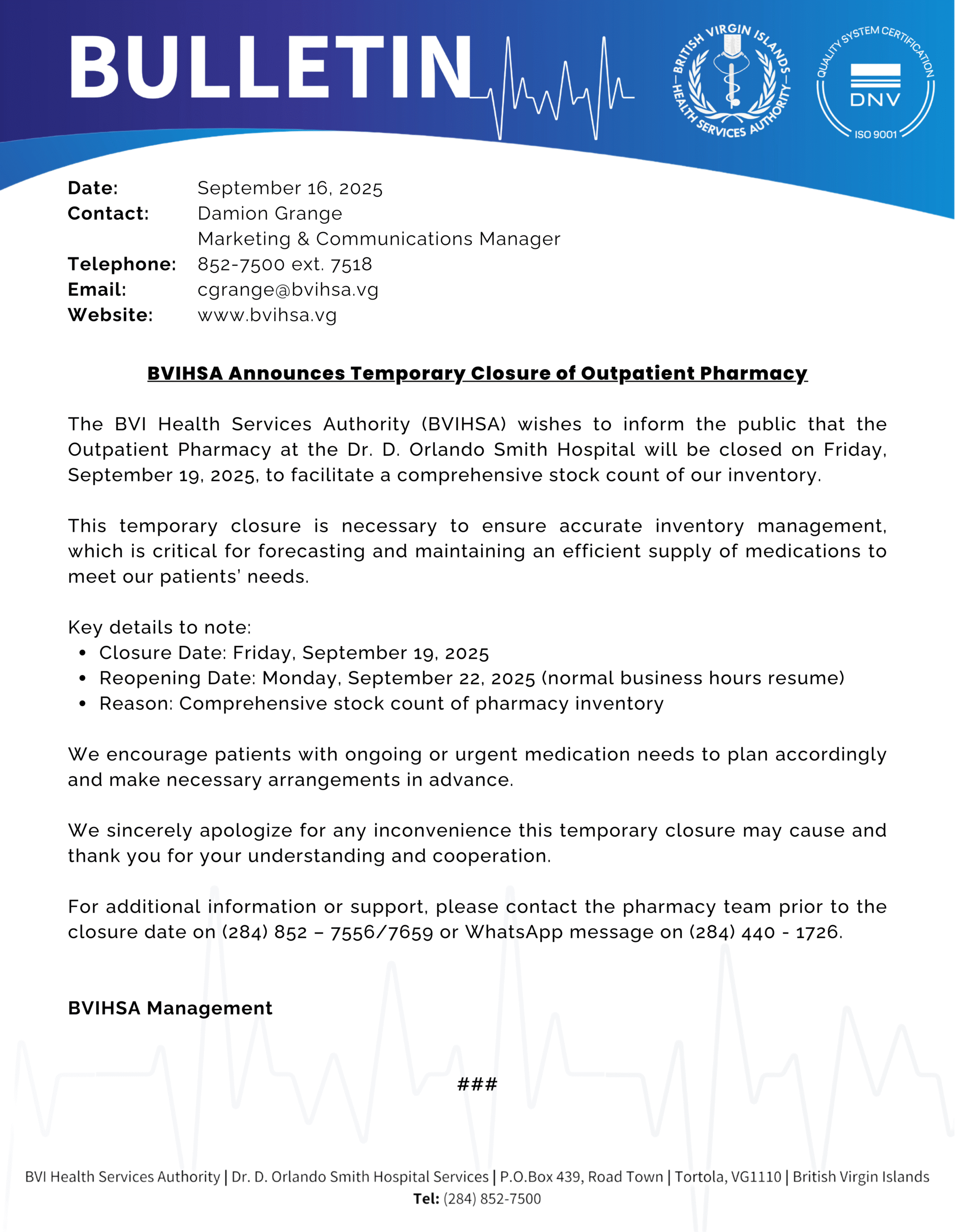 BVIHSA Bulletin- BVIHSA Announces Temporary Closure of Outpatient Pharmacy